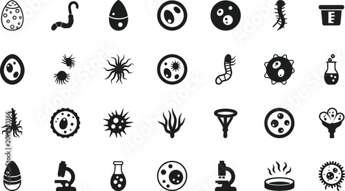 Microscopic pathogens and biological elements are represented through a set of circular cell structures, organisms, and laboratory instruments.
