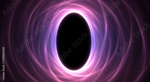 Vibrant pink and purple swirling lights encircle a dark void in space.