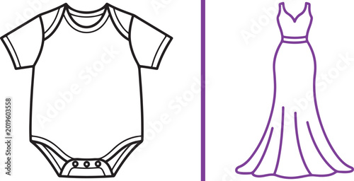 Foto Baby bodysuit and formal gown vector icons