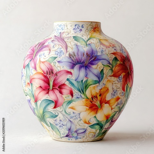A round, ceramic vase is painted with vibrant, detailed lilies in shades of pink, orange, purple and red, with light blue flourishes