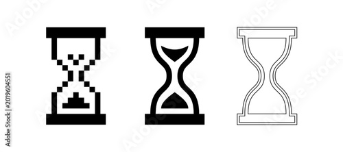 Foto Hourglasses displayed in three distinct styles represent the passage of time in a digital and linear format