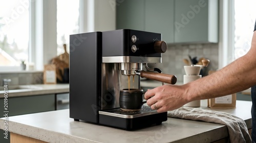 Professional coffee machine preparing espresso beverage in a stylish kitchen with wooden accents showcasing a rich dark drink pouring into a small cup held by a person with a casual grip natural