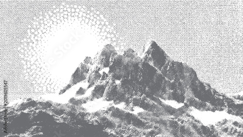 Canvastavla Vintage-style snowy hills, abstract dotted mountain range, pointillist grunge te