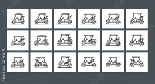 Фотография Collection of golf cart illustrations in various styles.