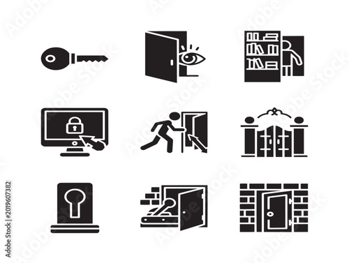 Vector icons of security and access control elements in flat design