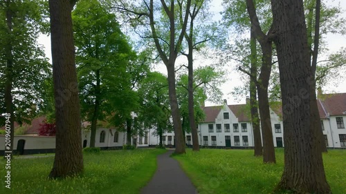 Beguinage Ten Wijngaerde Pathway with White Houses and Trees in Bruges Belgium