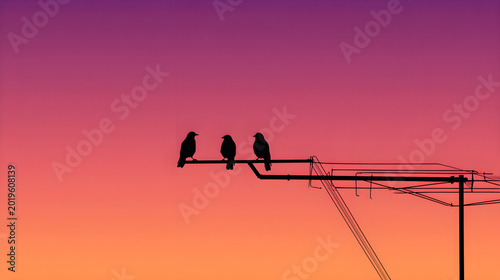 Three black birds perched in silhouette on an antenna structure against a vibrant gradient sunset sky with warm orange and purple hues in a minimalist composition