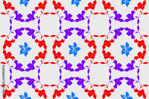 Photos Decorative seamless floral pattern featuring red, purple, and blue flowers arranged in geometric symmetry on a soft gray background
