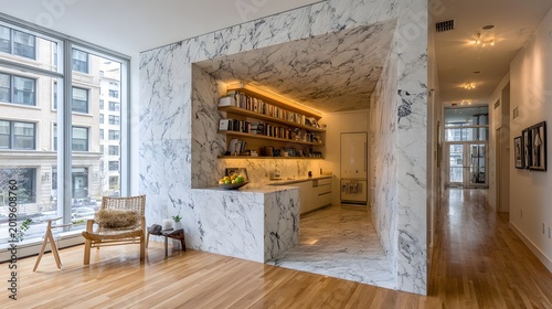 A minimalist kitchen where all the cabinet doors have been replaced with a patchwork of colorful vintage posters, joyful chaos in interior design