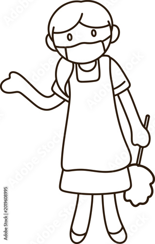 Cute Hand Drawn Cartoon Cleaning Woman Holding Feather Duster Mask Minimalist Line Icon Outline