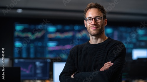 It professional standing confidently in modern technology workspace with multiple screens displaying data and graphs
