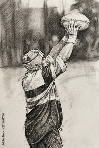 Rugby player catching ball during match action. Sketch illustration in graphite pencil with dynamic sports movement and athletic competition scene.