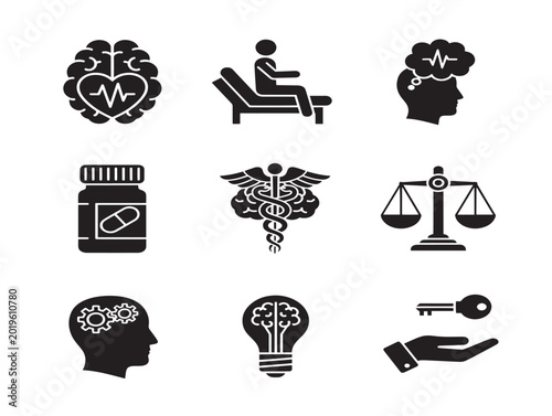 Vector icons of medical and mental health concepts in flat design
