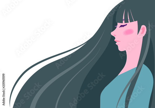 Bild auf Leinwand A vector illustration of a bust-up profile of a woman with long hair blowing in the wind