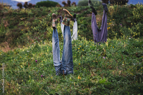 Funny spooky scarecrow legs made with jeans and boots in field. Creative Halloween rural decoration outdoors.