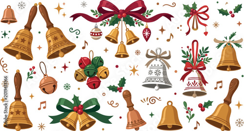 Bild auf Leinwand Christmas Bell Icon Set with Golden Handbells Holly Berries Ribbons Ornaments an