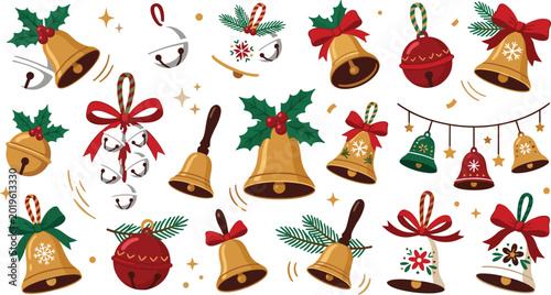 Bild auf Leinwand Christmas Jingle Bell Set with Festive Golden Handbells Garland Ornaments Pine B