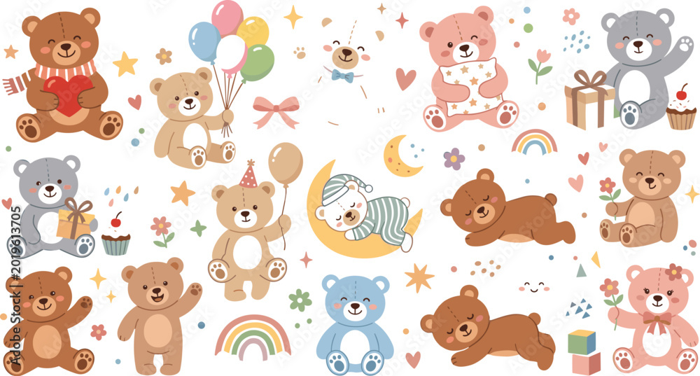 Fototapeta premium Cute Teddy Bear Cartoon Clipart Sticker Set with Birthday Party Balloons Gifts Rainbows and Sleeping Nursery Characters Vector Illustration for Kids Greeting Cards