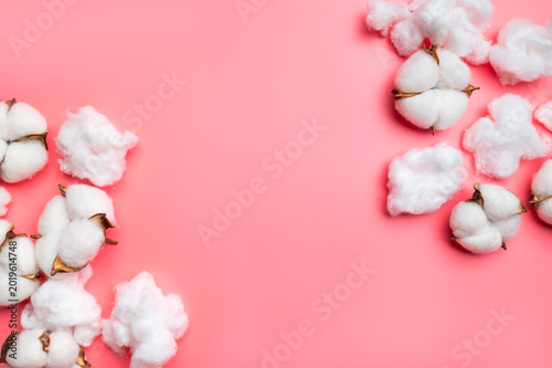 Quadro su tela Cotton flowers and cotton wool on pink background top view