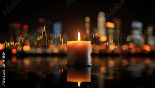 Glowing candle in foreground reflects on dark water with blurry city lights behind