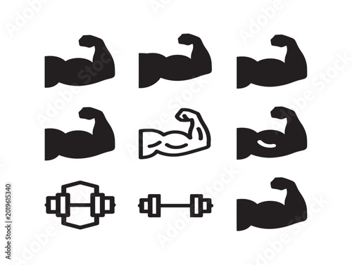Set of vector muscle and strength icons in solid black line art style