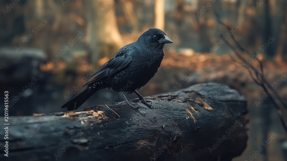 Naklejka premium Black bird perched on charred log in forest