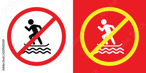 Photography Prohibitory safety sign set showing a person surfing over waves