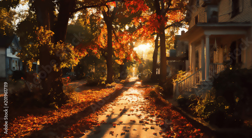 Sunlit autumn street lined with houses and fallen leaves