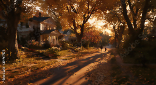 Autumn sunlight streams through trees, illuminating a path to a home
