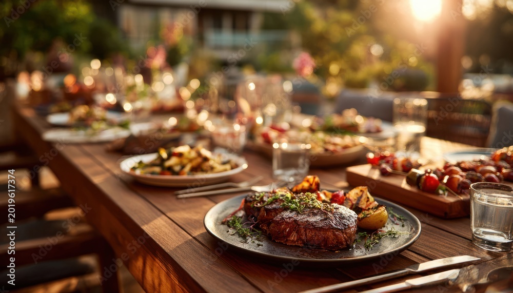 Obraz premium Outdoor dining table set with colorful ceramic plates filled with grilled vegetables and fresh fruit during sunset, featuring rustic wooden table and glassware