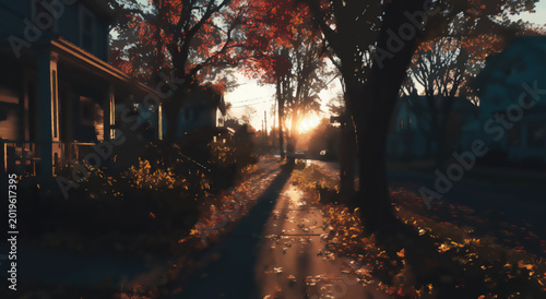 Autumn sunset casts long shadows on a tree-lined residential street