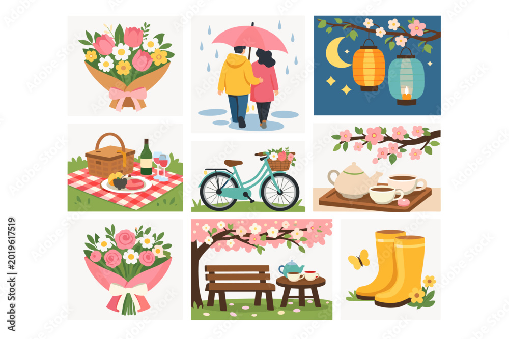 Fototapeta premium Spring moments with flowers, picnics, bicycles, and couples enjoying rain under an umbrella