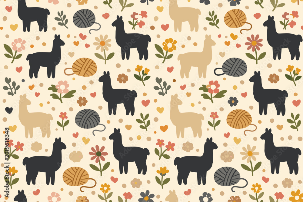 Fototapeta premium Cute llamas and yarn pattern with flowers and hearts on a light background suitable for fabric or craft projects