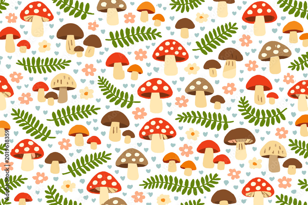 Obraz premium Colorful assortment of mushrooms and ferns on a white background with small flowers