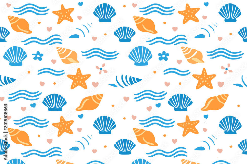 Obraz premium Colorful pattern of sea shells, stars, and waves on a white background creates a lively ocean theme for various uses