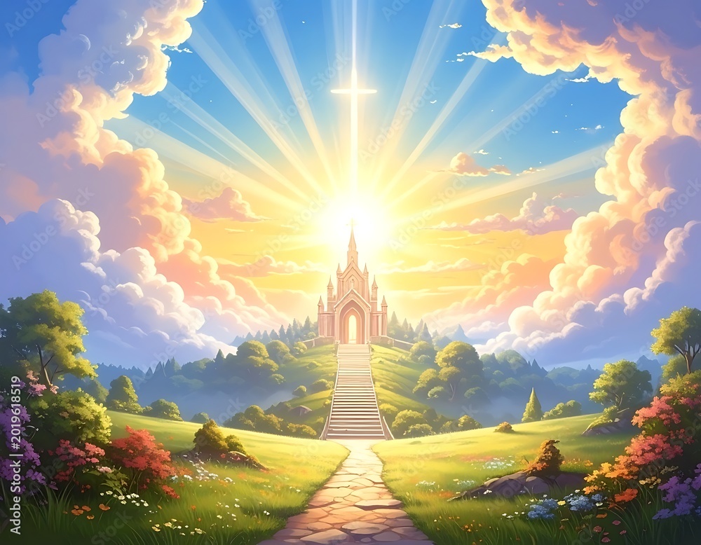 Fototapeta premium Fantasy castle pathway to heaven gate.