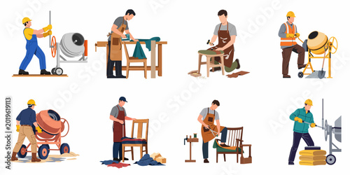 Foto Set of flat vector illustrations depicting construction workers operating concrete mixers and craftsmen reupholstering furniture in a workshop environment