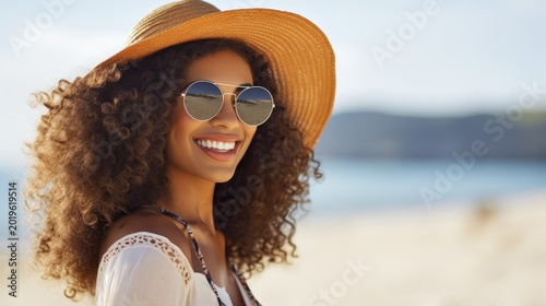 Cheerful mixed race woman with curly hair wearing sun hat on beach.
