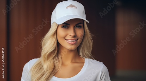 Portrait of beautiful blonde woman wearing white baseball cap and t-shirt.