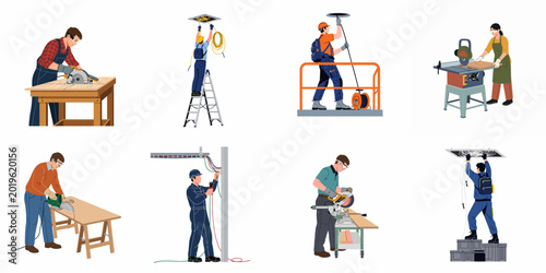 Set of flat vector illustrations featuring various manual laborers including carpenters using power saws and electricians working on electrical wiring and installations.