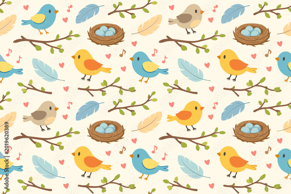 Obraz premium Colorful birds and nests fill the background with nature elements in a playful and cheerful design during spring