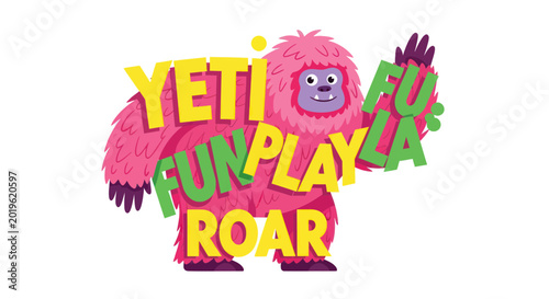 Tableau sur toile Cute Pink Yeti Character with Fun Play Roar Text