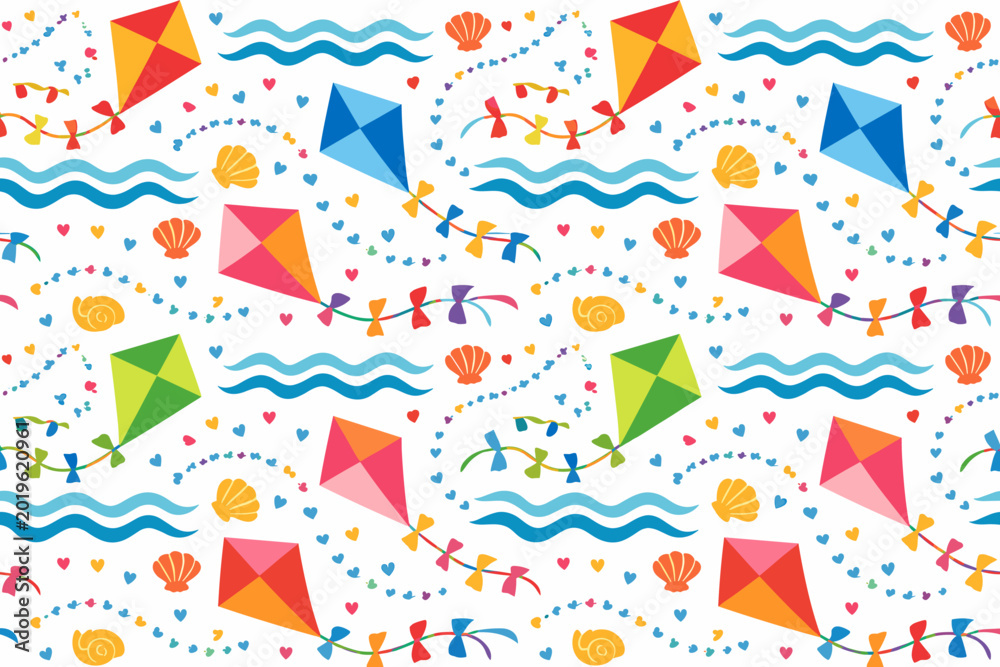 Obraz premium Colorful kites flying over the waves and shells on a bright background with playful patterns