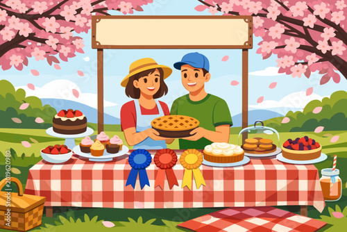 Bakers stand together at a pie contest in a park surrounded by cherry blossom trees in early spring