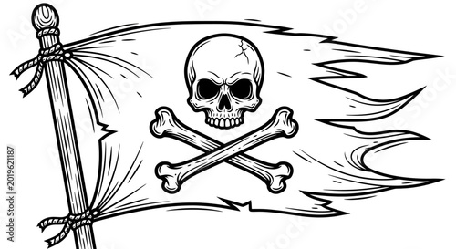 Foto Jolly Roger Pirate Flag with Skull and Crossbones Illustration.