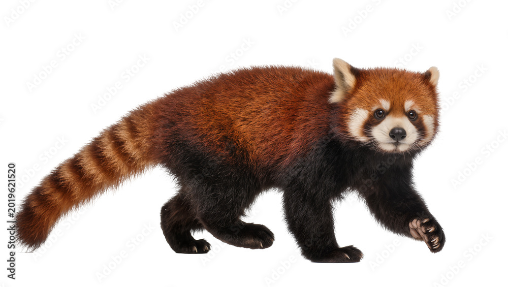 Fototapeta premium Fluffy red panda with striped tail walking, isolated on transparent background