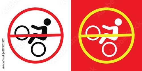 Schilderij op canvas Prohibitory sign set depicting a person performing a wheelie on a bicycle