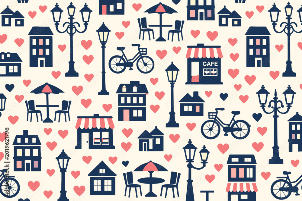 Fototapeta premium City street design showing houses, cafes, bicycles, and street lamps in a pattern filled with hearts