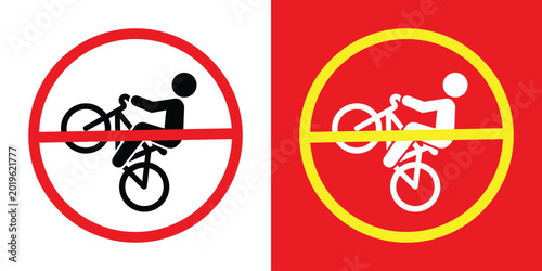 Photos Prohibitory sign set depicting a person performing a wheelie on a bicycle