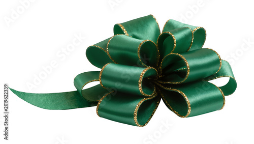 Konstfotografi Emerald green satin ribbon bow with gold glitter trim, isolated on transparent b